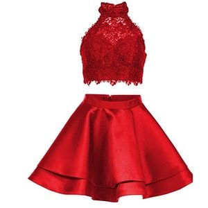 Red two piece short prom dress